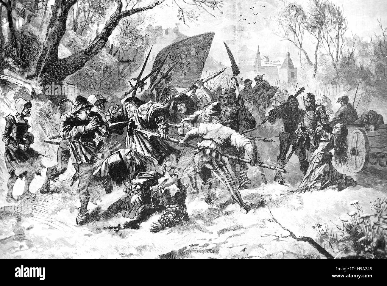 Bloody easter in 1525, Great Peasants' War or Great Peasants' Revolt German: Deutscher Bauernkrieg, historical illustration Stock Photo