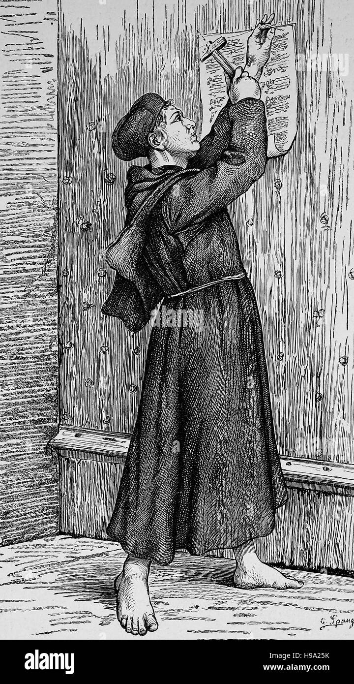 Luther's theses are nailed on the door of All Saints' Church, Wittenberg, Germany, 1517, historical illustration Stock Photo