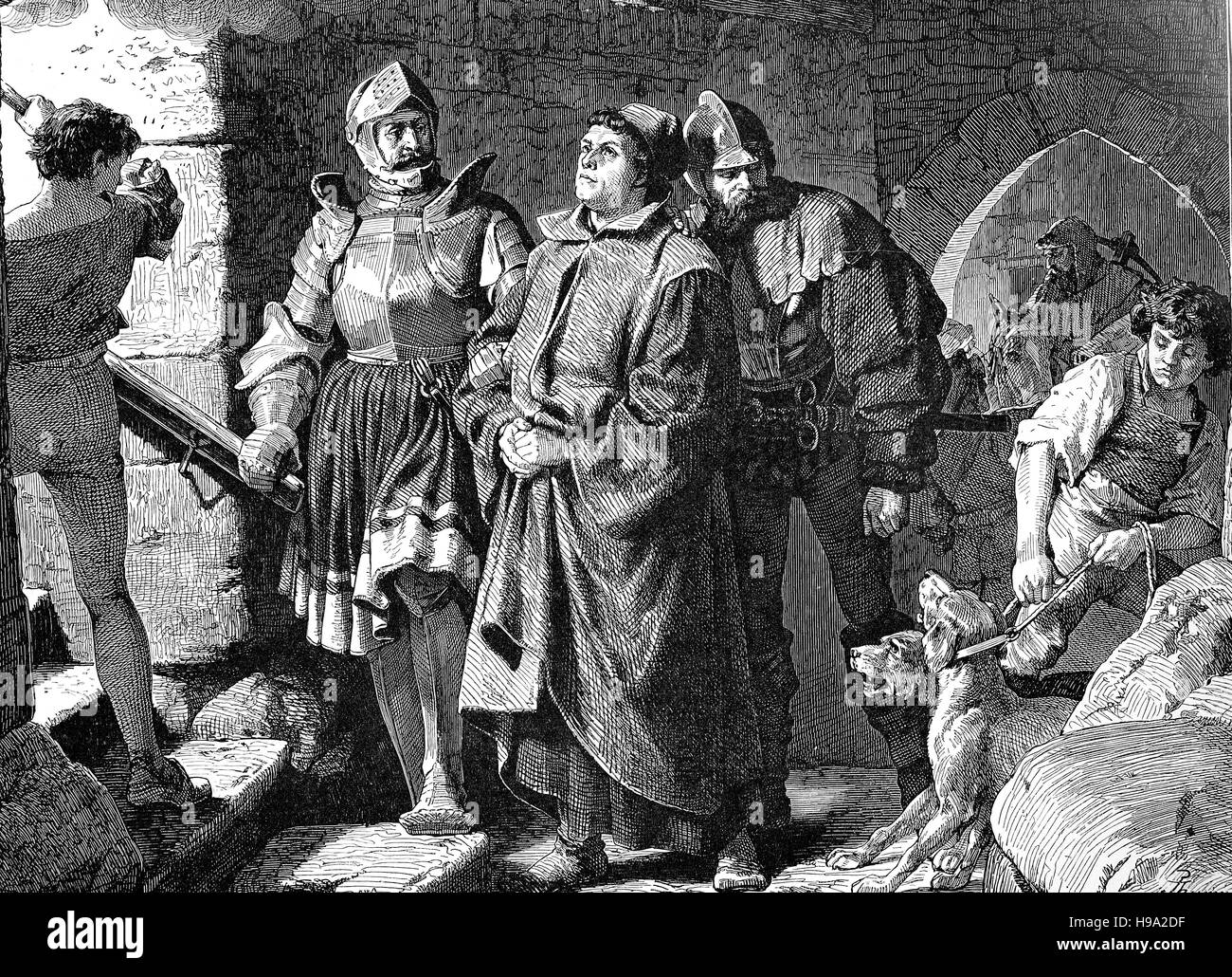 Martin Luther arriving the Wartburg in Germany, historical illustration ...