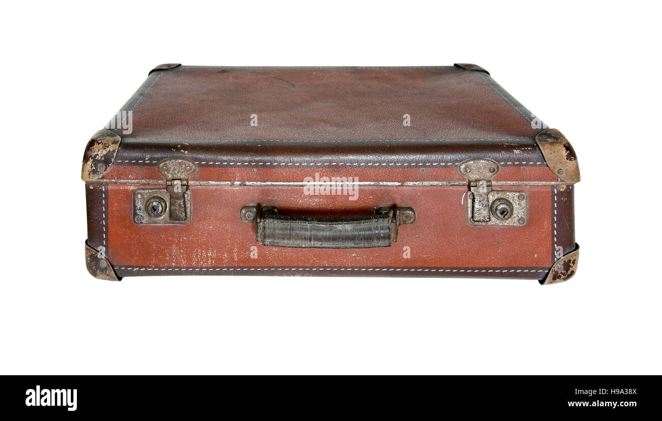 Old worn traveling suitcase on white background Stock Photo