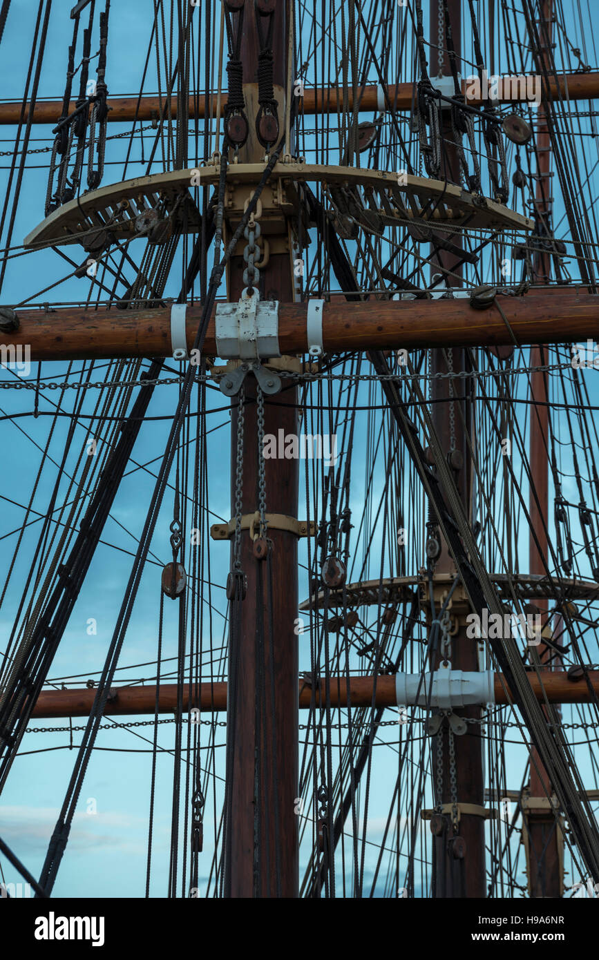 Crow's nest,masts,yardarms and rigging of traditional wooden sailing
