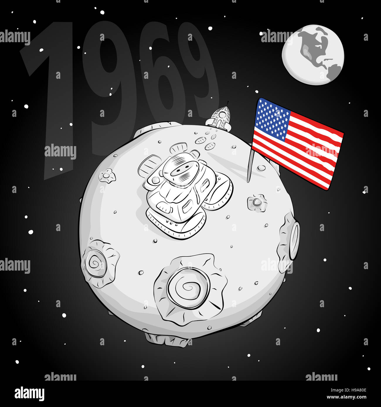 astronaut with flag USA on the moon bw Stock Photo