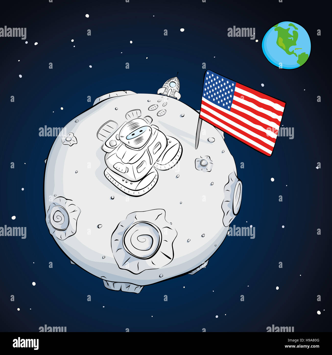 astronaut with flag USA on the moon color Stock Photo