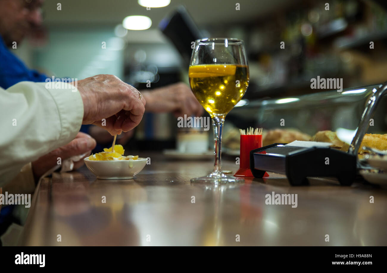 Glass of beer and appetizer called tapas in a Santander bar Stock Photo
