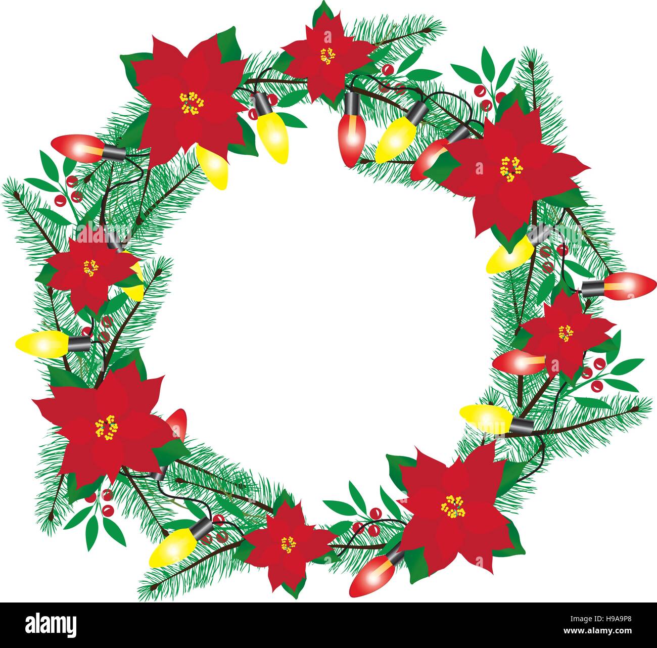 vector illustration of Christmas wreath with poinsettias and lights ...