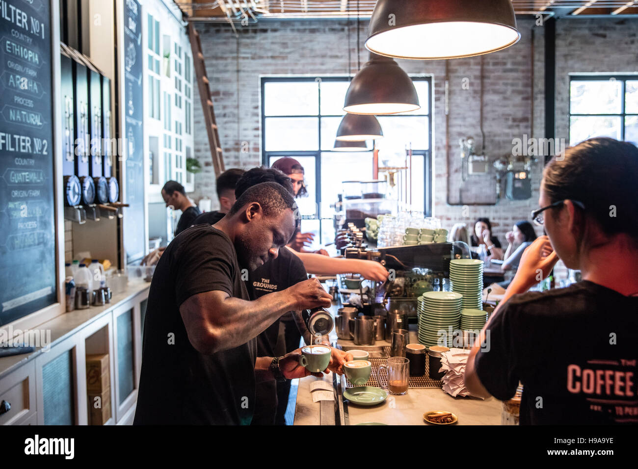 Making coffee at The Grounds, Alexandria Sydney, Australia Stock Photo
