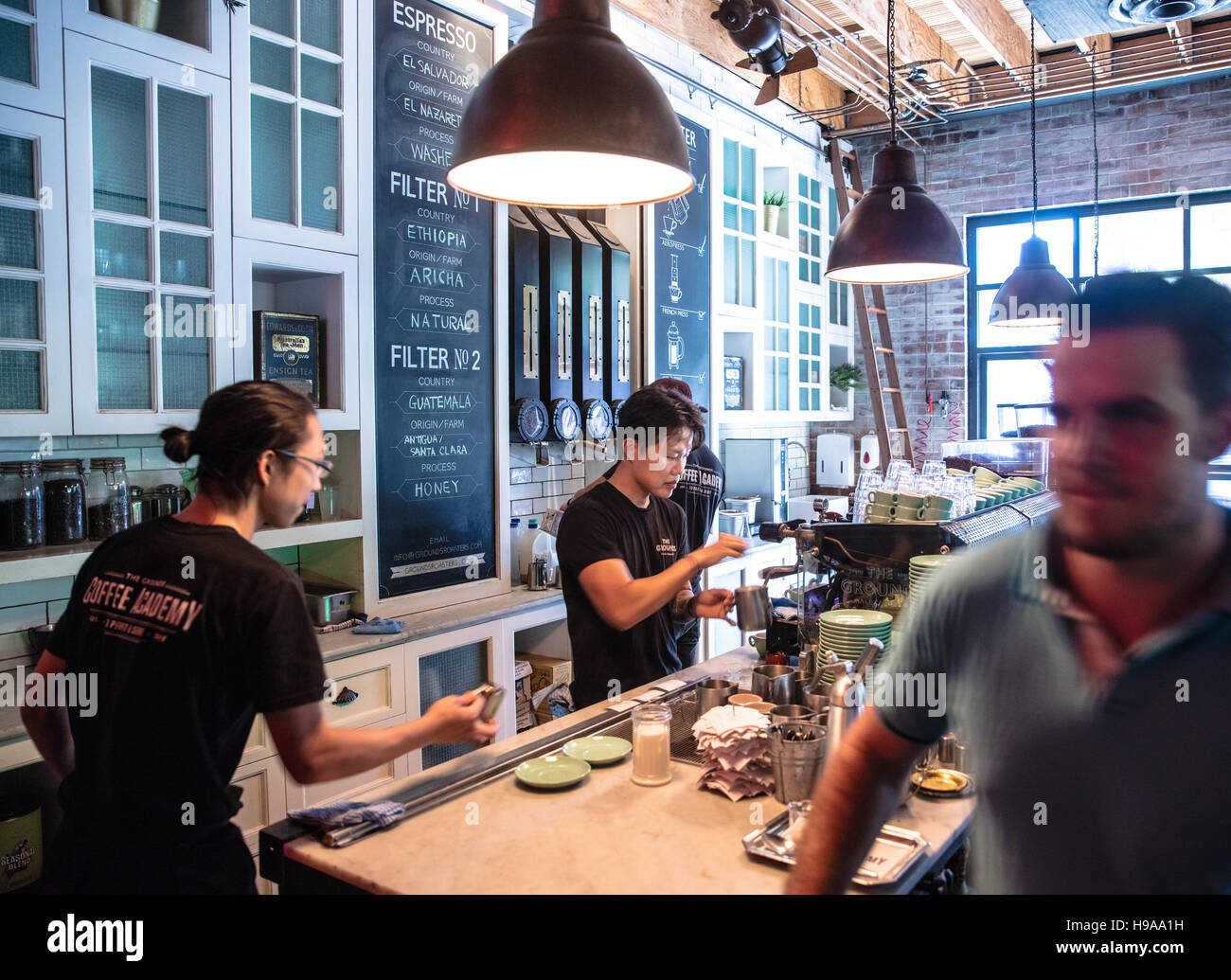 Making coffee at The Grounds, Alexandria Sydney, Australia Stock Photo