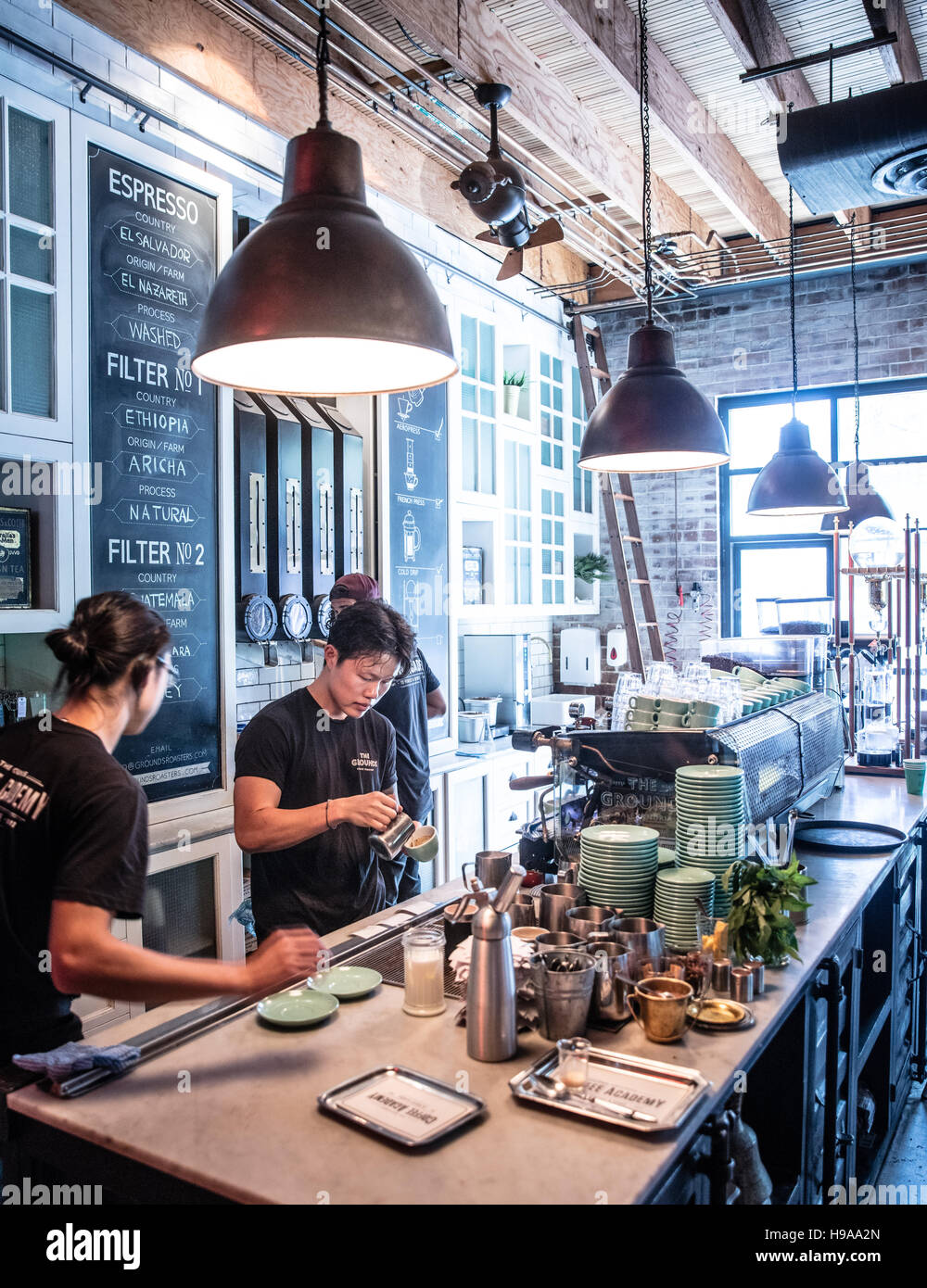 Making coffee at The Grounds, Alexandria Sydney, Australia Stock Photo