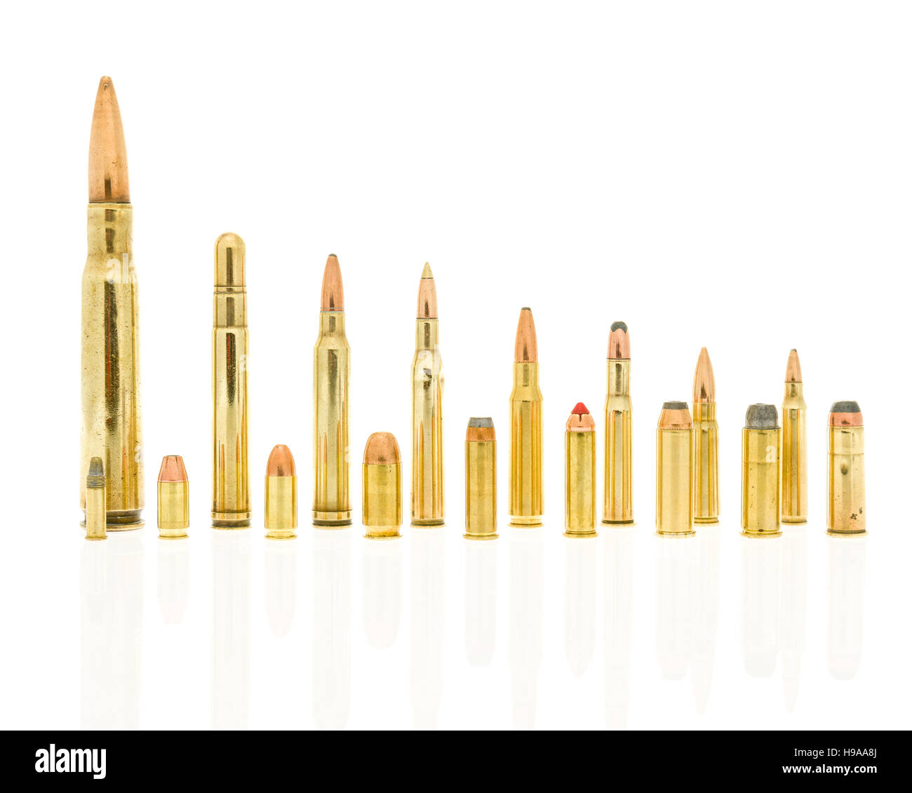Calibers of bullets including 223, 5.56  39, 7.62, 30-30 win, 308 win, 270 win, 300 win mag, 416 rem mag, 50 BMG 45 long colt, 44 rem mag, 357 mag, 38 Stock Photo
