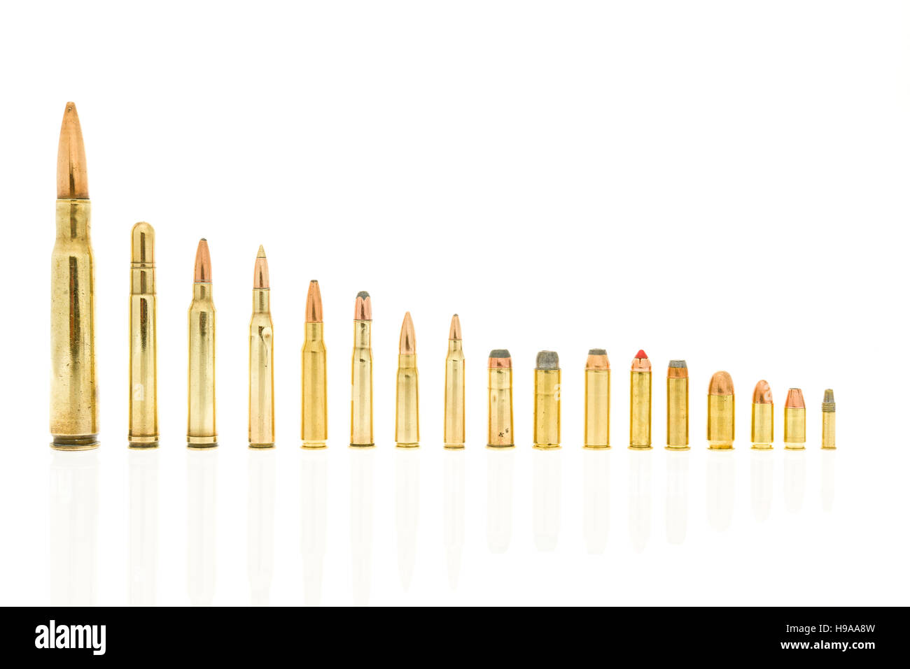 Calibers of bullets including 223, 5.56  39, 7.62, 30-30 win, 308 win, 270 win, 300 win mag, 416 rem mag, 50 BMG 45 long colt, 44 rem mag, 357 mag, 38 Stock Photo