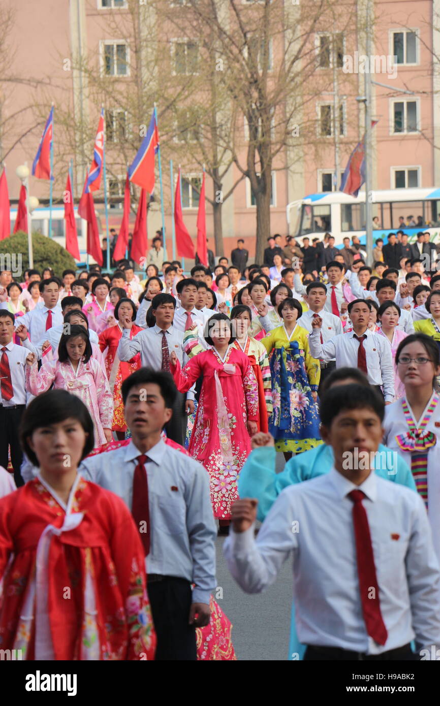 Mass dance in central Pyongyang Stock Photo