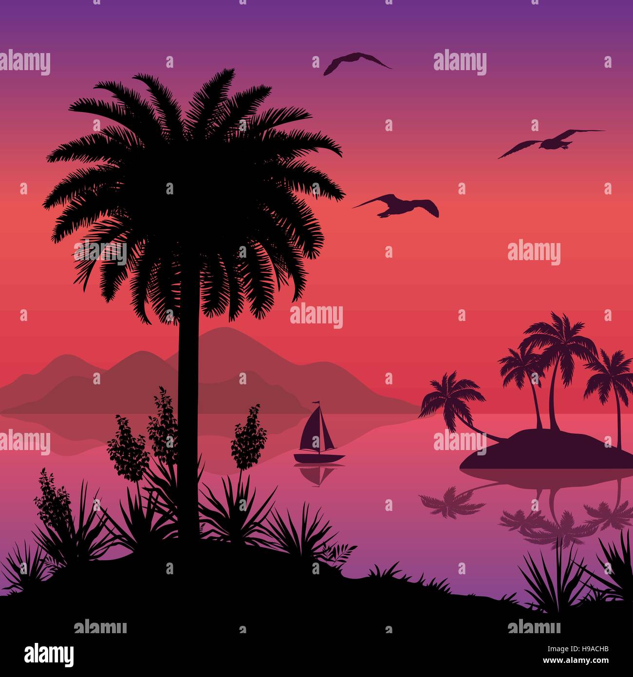 Tropical sea landscape with palms and ship Stock Vector Image & Art - Alamy