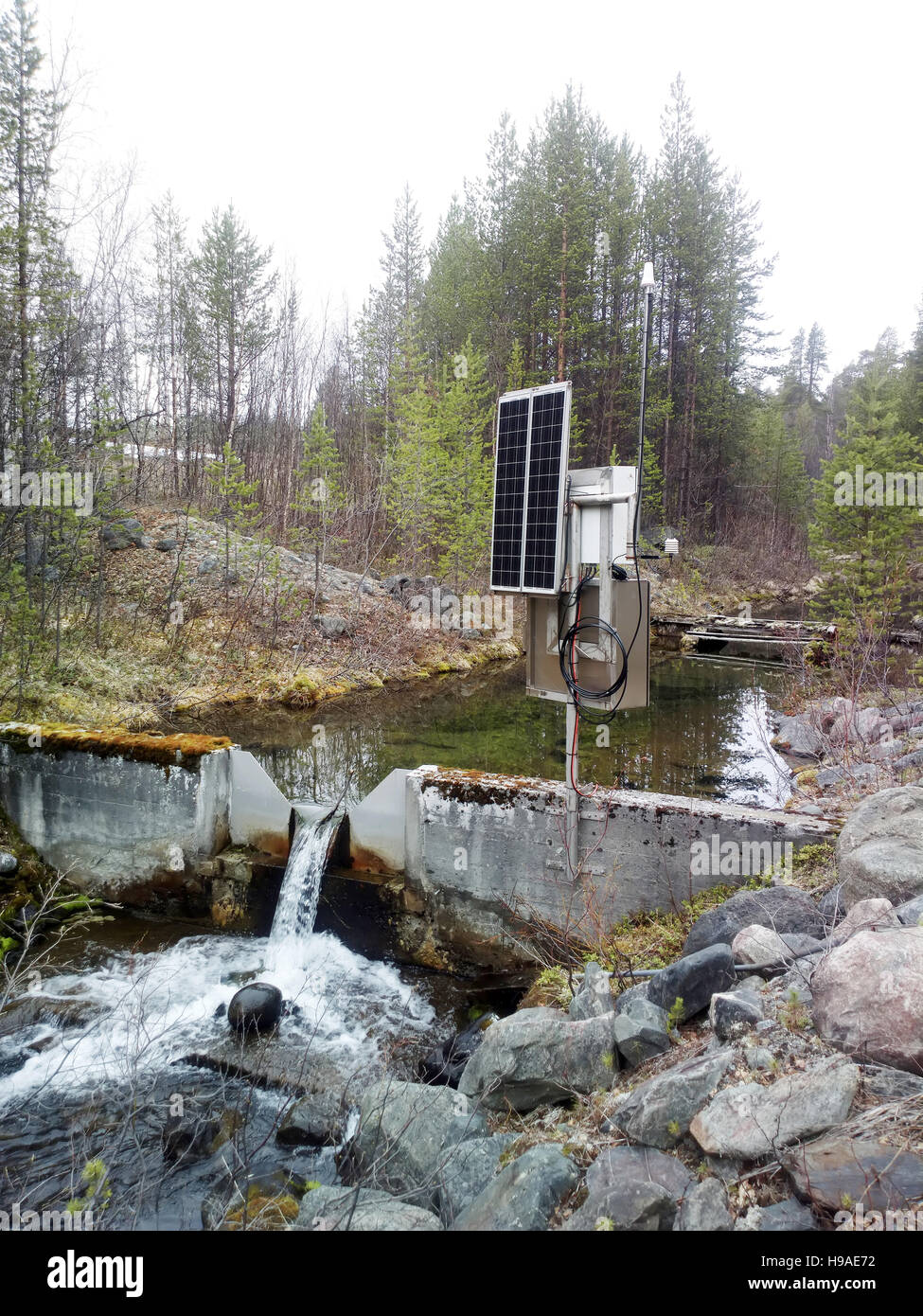 Science. Hydrological research, hydrological station. Measurement of water flow, flood prevention, . Devices for study of runoff of small rivers and t Stock Photo