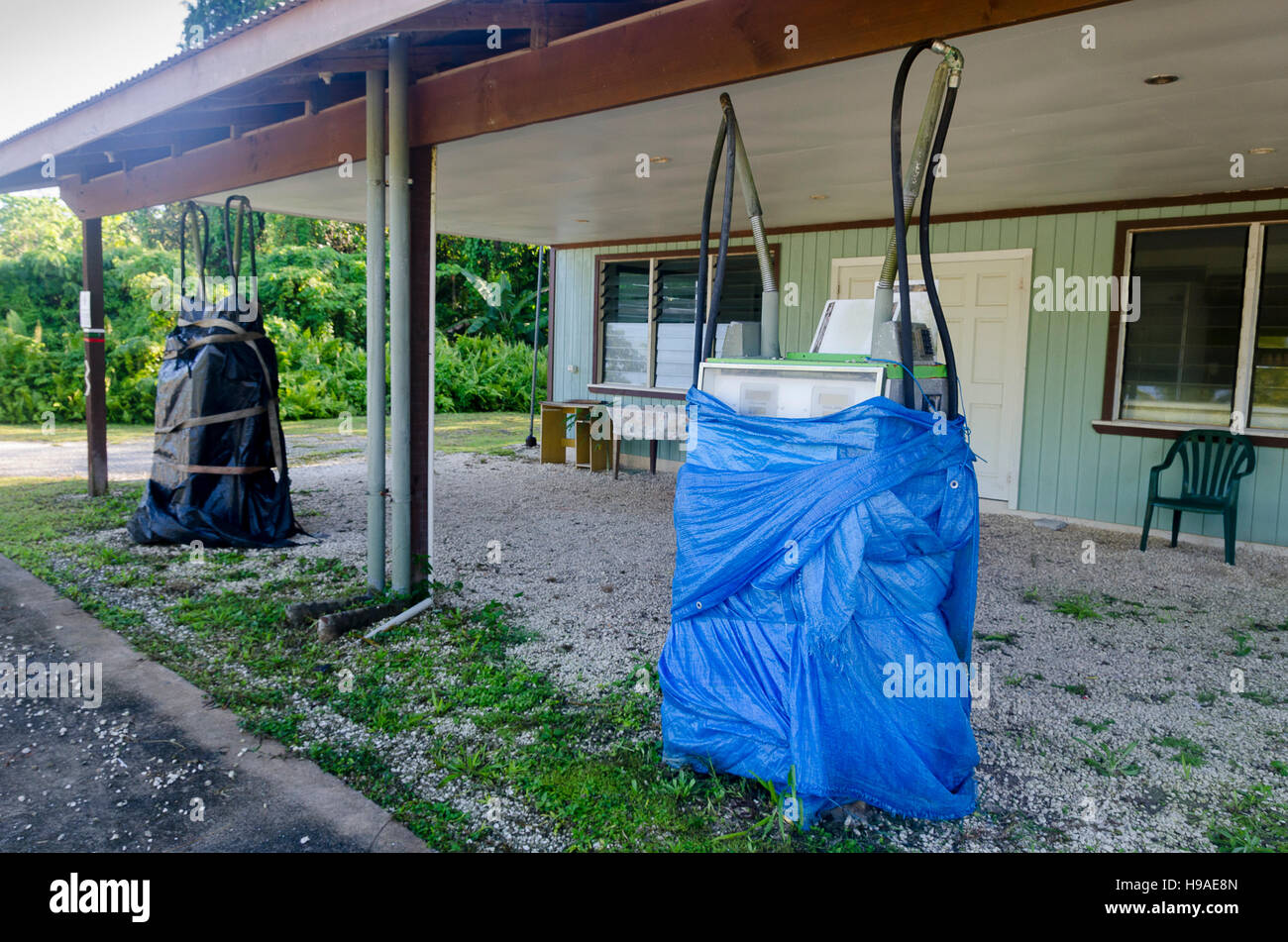 Closed petrol station, Alofi, Niue, South Pacific, Oceania Stock Photo