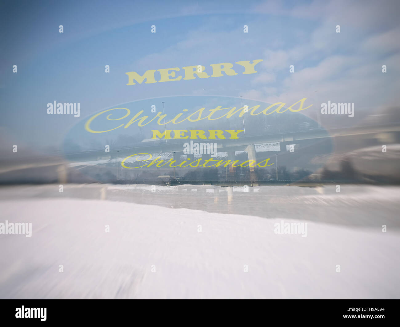 Merry Christmas, winter, snow, double vision, double exposure,  motivation; poster; quote; blurred images Stock Photo