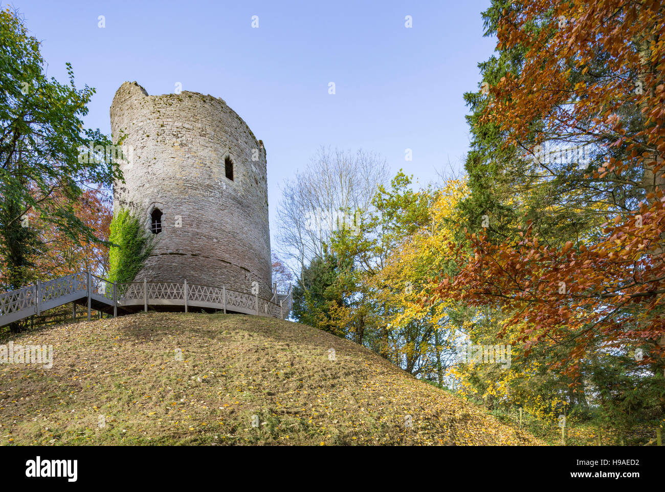 Bronllys Castle a mid 12th century stone keep in the village of Bronllys, Brecon beacons National Park, Powys, Mid Wales, UK. Stock Photo