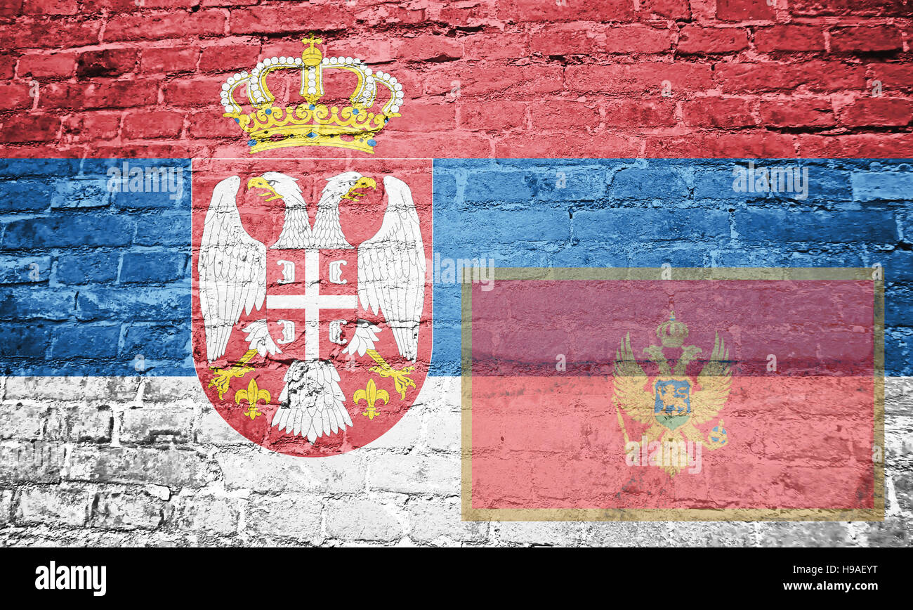 Serbian flag in the background a small flag of Montenegro Stock Photo