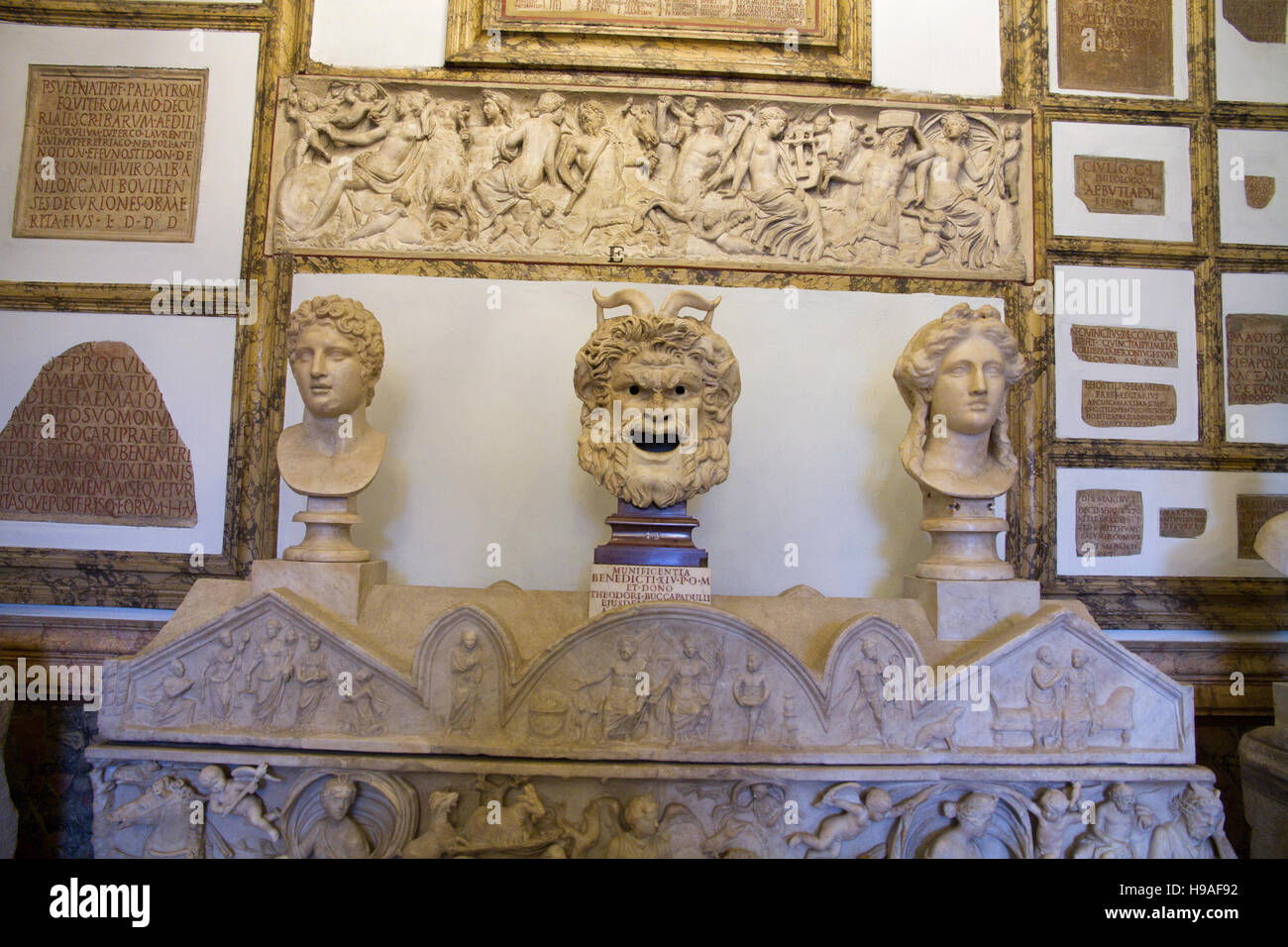 Marble art engraving statues in Rome, italy, capitoline museums, musei