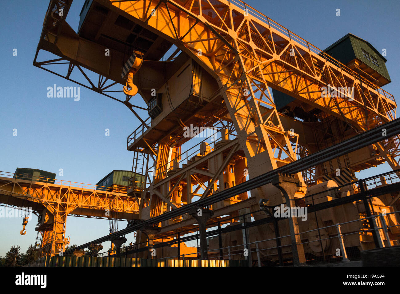 Overhead cranes at the Ivankovo water power plant. Stock Photo