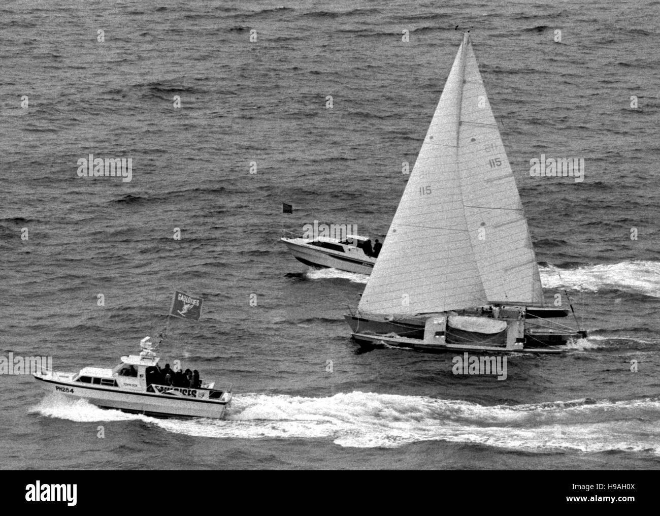 AJAXNETPHOTO. 7TH JUNE, 1980. PLYMOUTH, ENGLAND. - OSTAR 1980 - SINGLE-HANDED RACE - GAULOISES III SKIPPERED BY ERIC LOIZEAU (FRA). PHOTO:JONATHAN EASTLAND/AJAX  REF:800706 33 Stock Photo