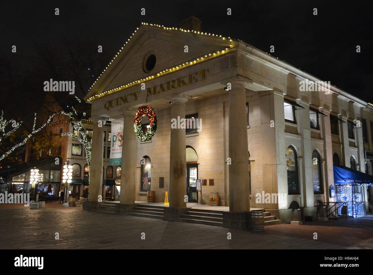 Quincy Market in Faneuil Hall decorated for Christmas and the holiday