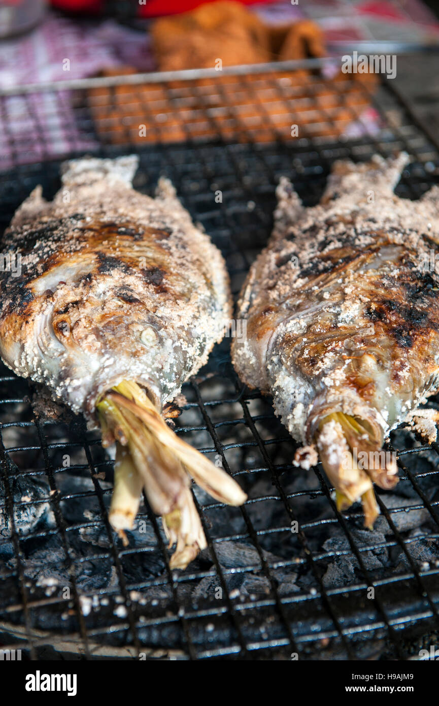 Salt crusted tilapia fish from the Mekong River char grilled at a street stall in the Laos capital, Vientiane. Stock Photo