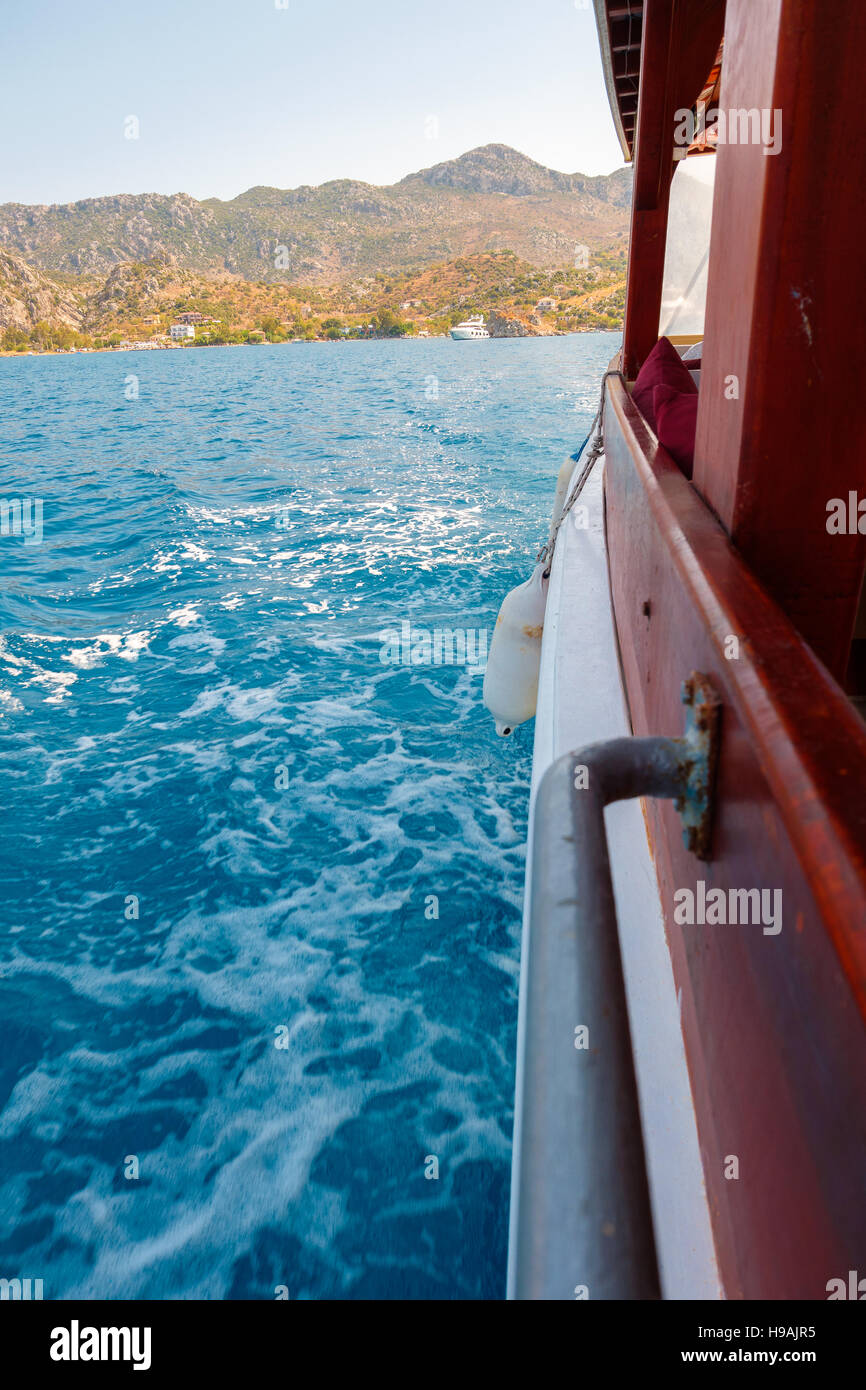 Side of a boat on the waving sea, Turkey Stock Photo