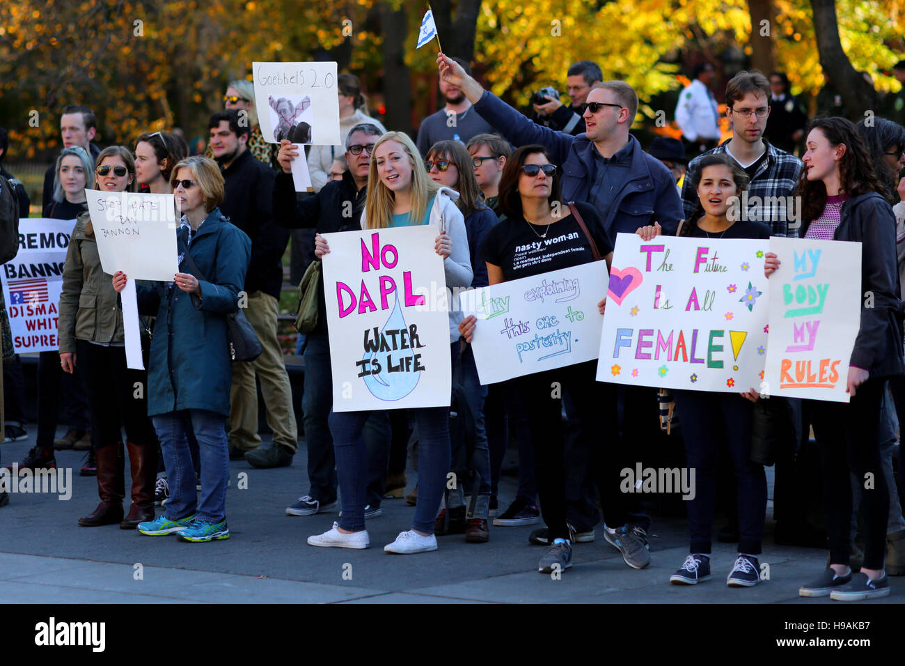A demonstration against Trump held in Washington Square Park, New York, NY. (November 19, 2016) Stock Photo
