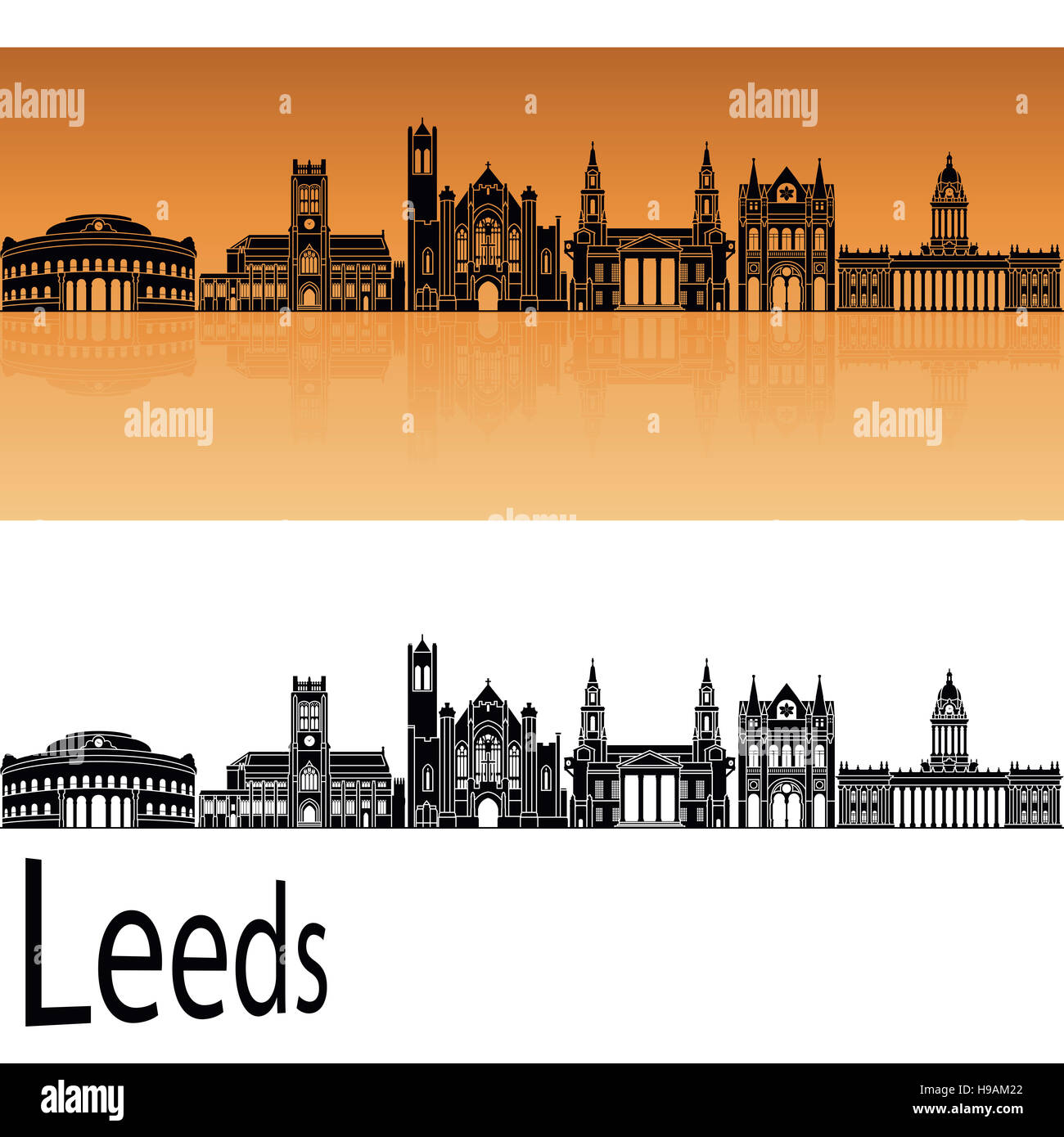 Leeds skyline in orange background in editable vector file Stock Photo
