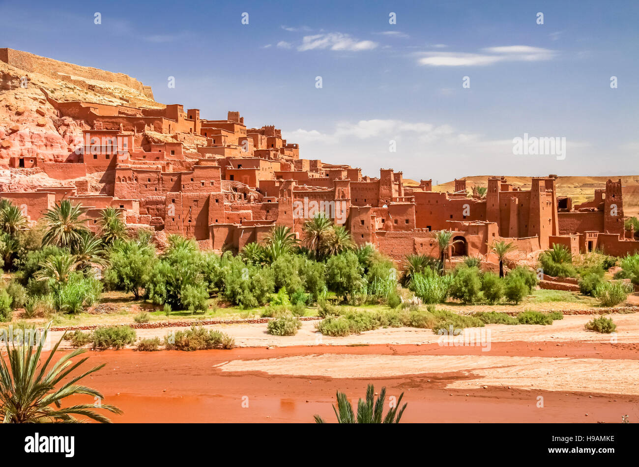 Ait Benhaddou, an ancient fortress city in Morocco near Ouarzazate on the edge of the sahara desert. Used in fils such as Gladiator, Kundun, Lawrence  Stock Photo