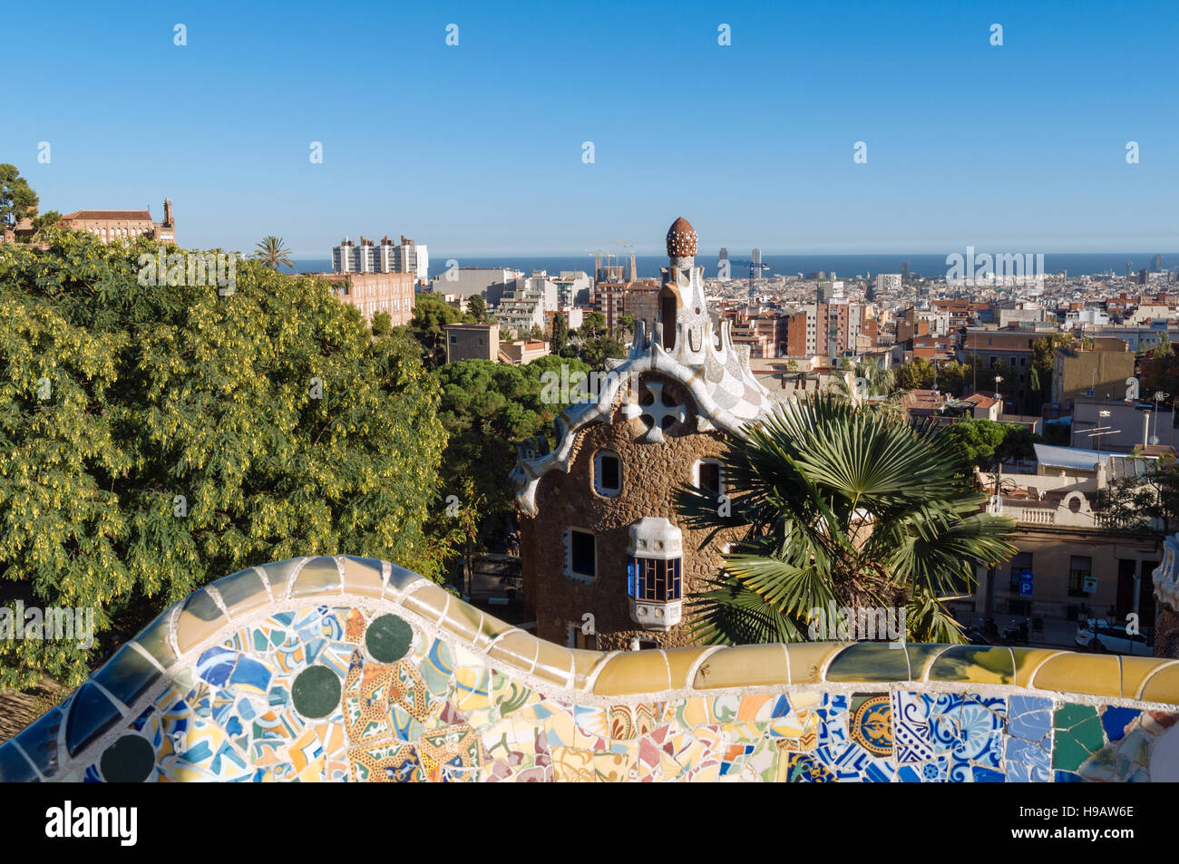 The Park Güell is a public park system composed of gardens and architectonic elements located on Carmel Hill, in Barcelona, Catalonia. Carmel Hill Stock Photo