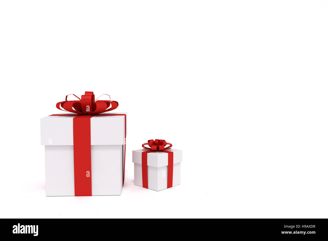 3D rendering of white gift boxes with red ribbon. Present for holiday ...