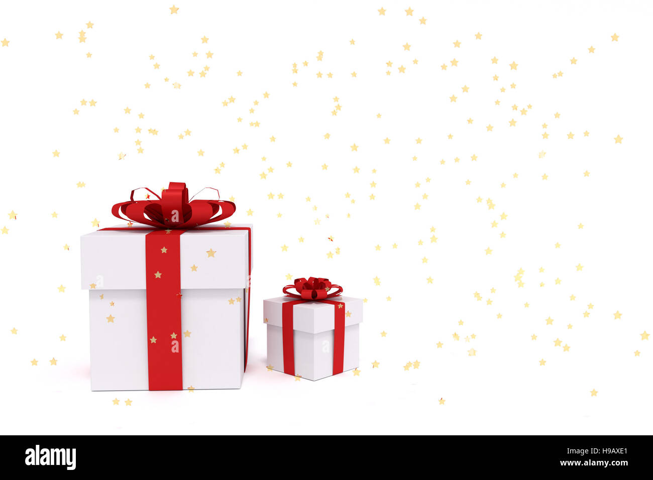 3D rendering of white gift boxes with red ribbon. Present for holiday ...