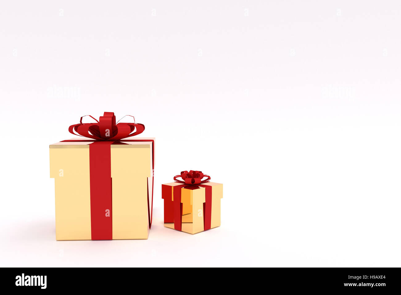 3D rendering of golden gift boxes with red ribbon. Present for holiday, isolated Stock Photo