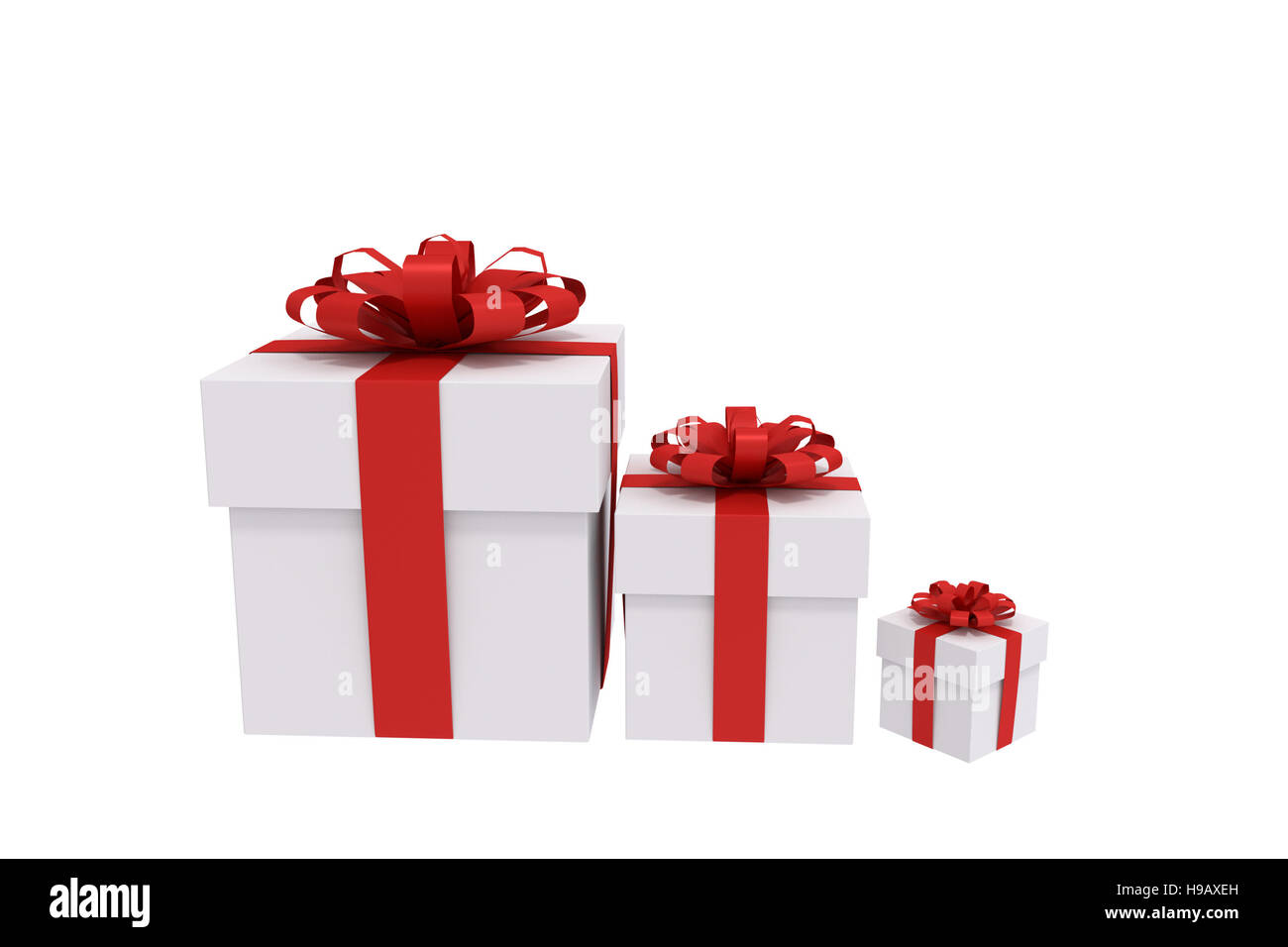 3D rendering of 3 white gift boxes with red ribbon. Present for holiday ...