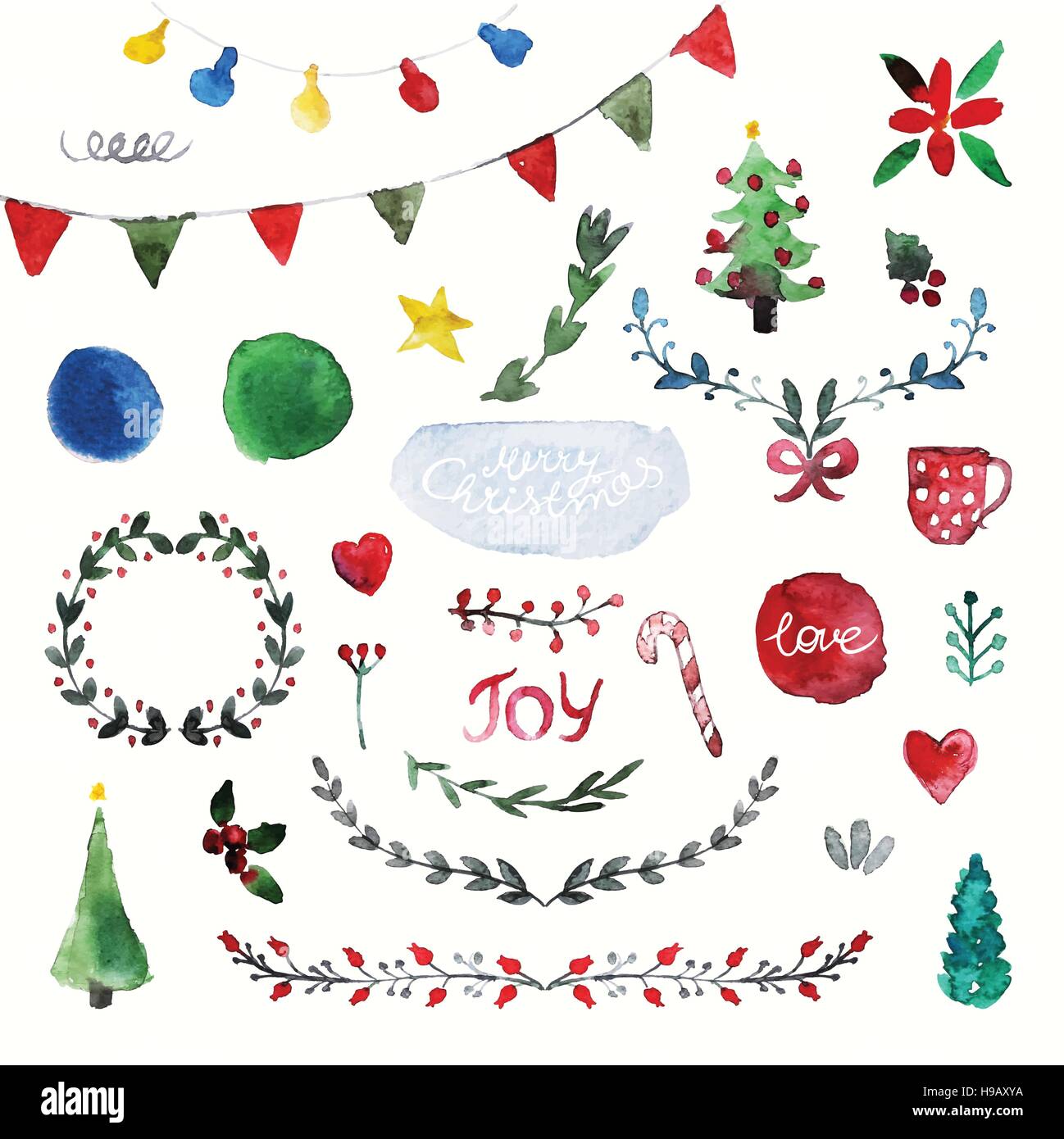 Vector set of hand drawn watercolor Christmas and New Year symbols ...