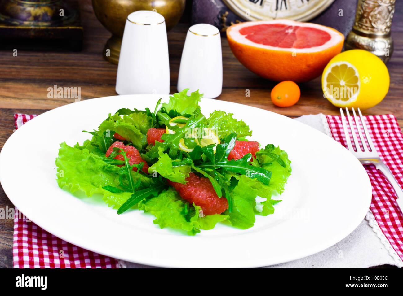 Salad with Mix Batavian, Frise, Radicchio, Chicory, Arugula and Grapefruit Studio Photo Stock Photo