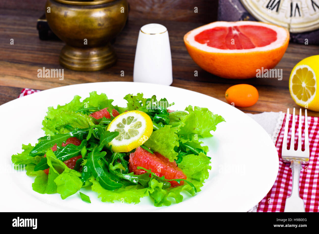 Salad with Mix Batavian, Frise, Radicchio, Chicory, Arugula and Grapefruit Studio Photo Stock Photo