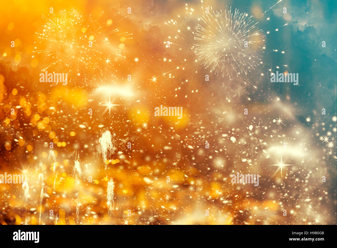 Abstract colorful holiday background of sky with fireworks and stars ...