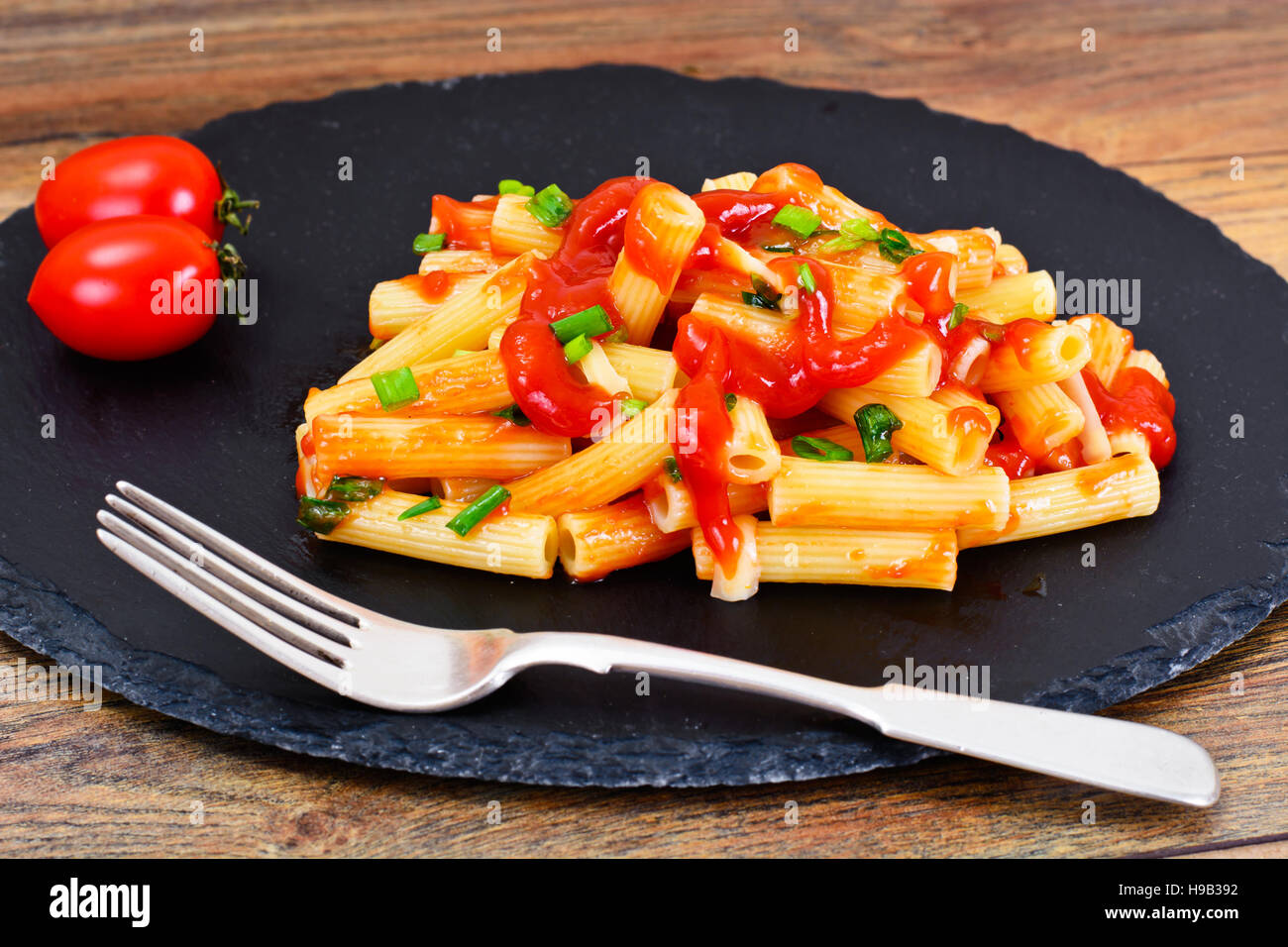 Pasta with Tomato Ketchup Sauce, Green Onions and Cheese Studio Photo