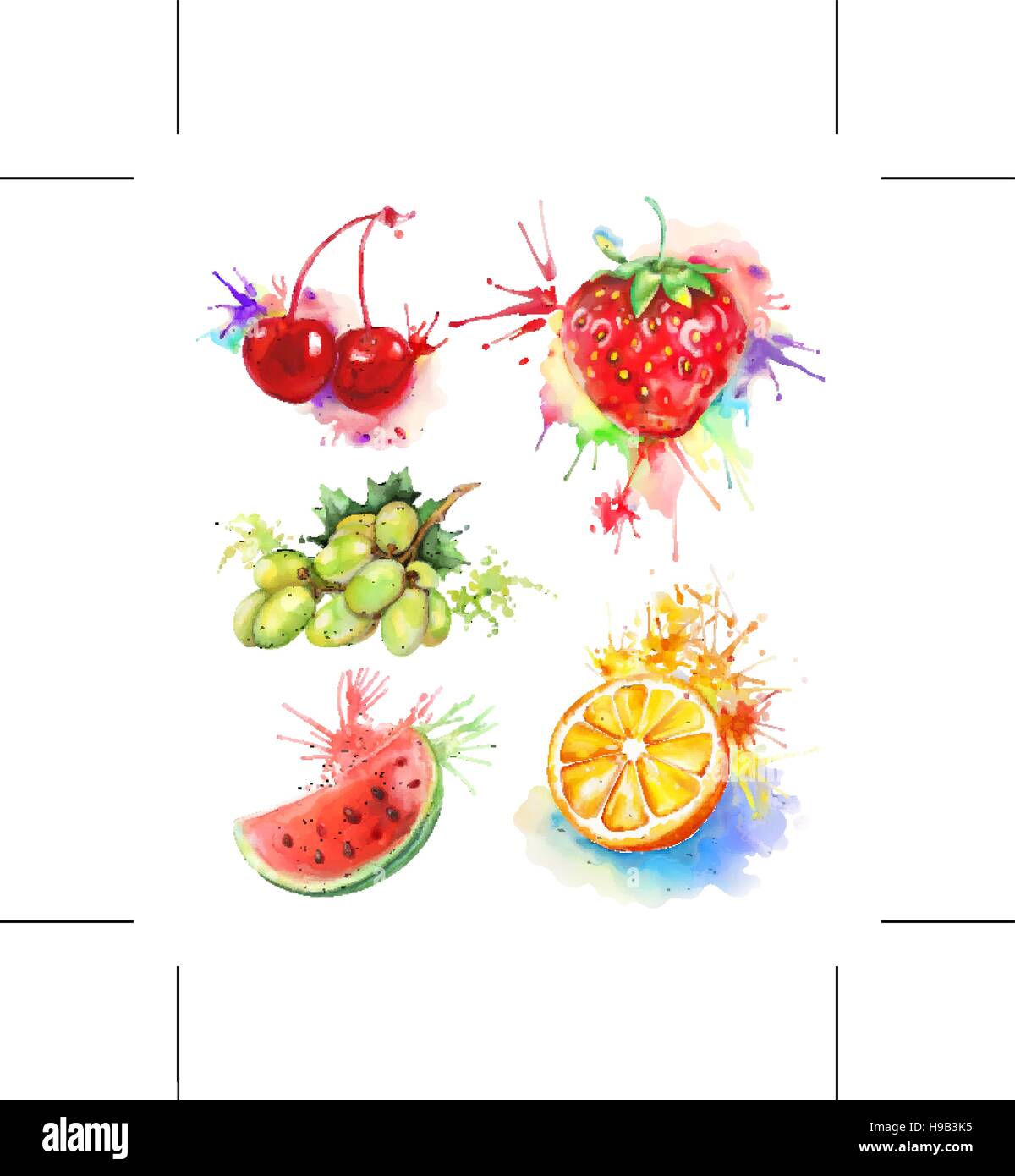 Watercolor painting, fruits and berries, vector illustration isolated on a white background Stock Vector