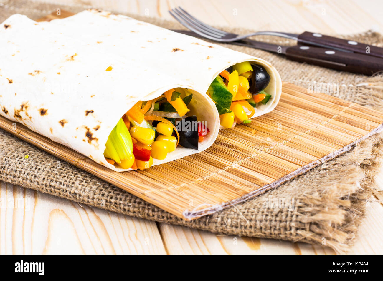 Pita Bread, Shawarma, Burritos with Vegetables and Corn Studio Photo