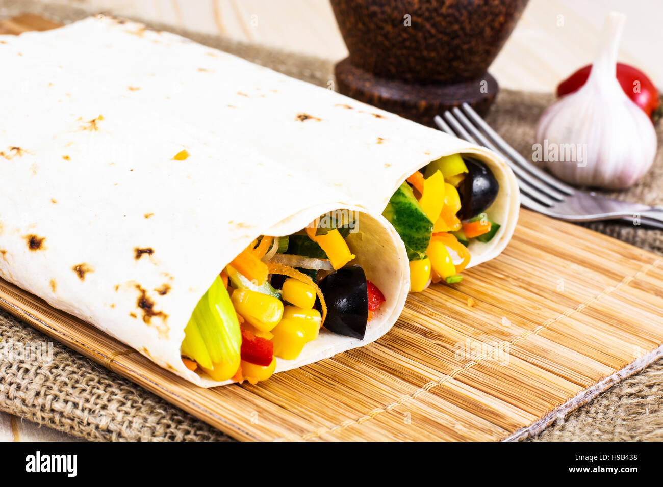 Pita Bread, Shawarma, Burritos with Vegetables and Corn Studio Photo