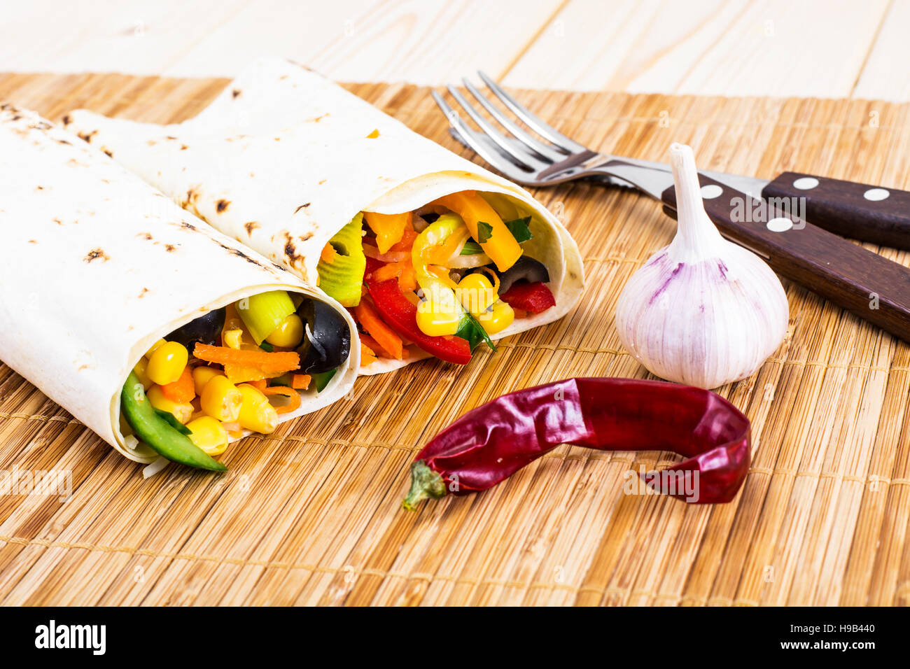 Pita Bread, Shawarma, Burritos with Vegetables and Corn Studio Photo