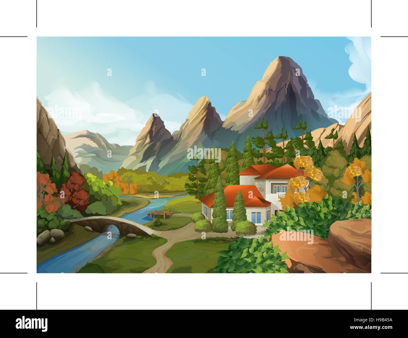 House in the mountains, nature landscape, vector background Stock ...