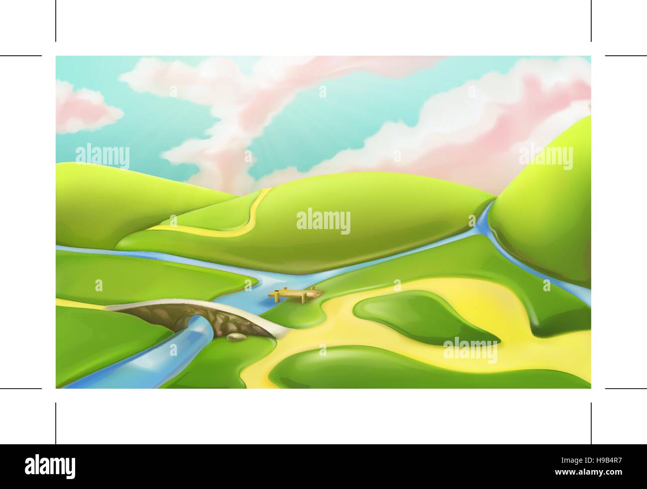 3d cartoon nature landscape with bridge, vector illustration with meadows, hills, river, and cloudy sky. Summer scenery with roads, countryside panora Stock Vector