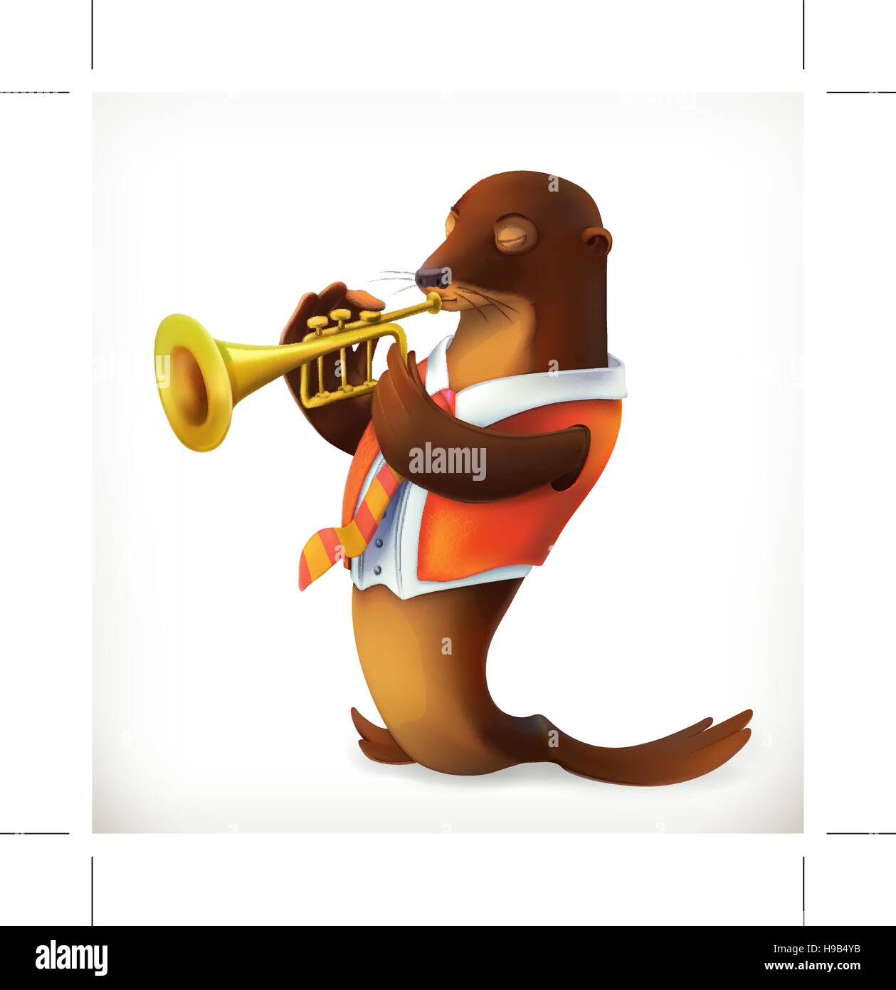 Seal playing trumpet, funny character, vector mesh Stock Vector