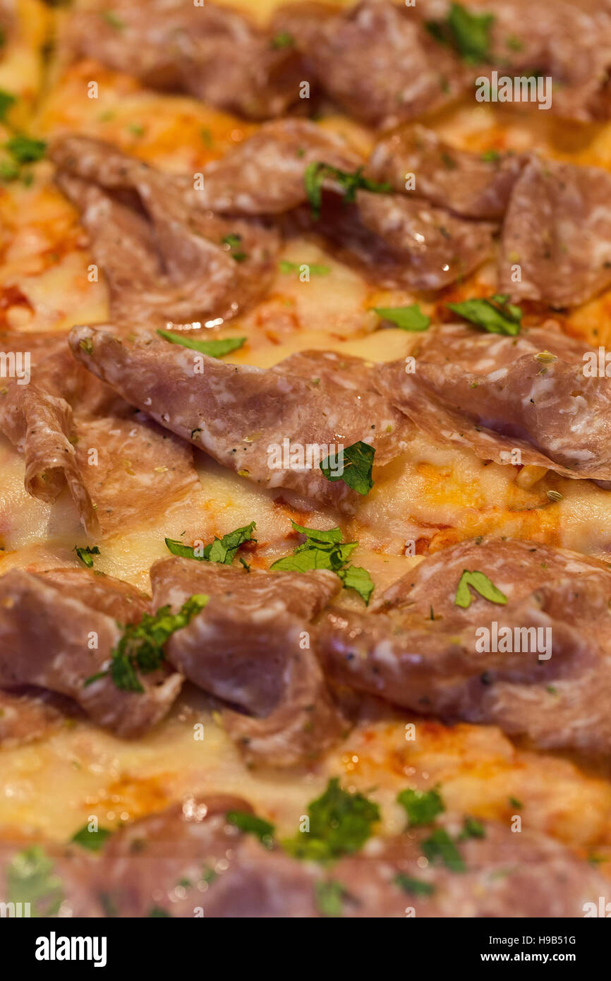 Close up of hand made italian meat feast pizza with melted cheese