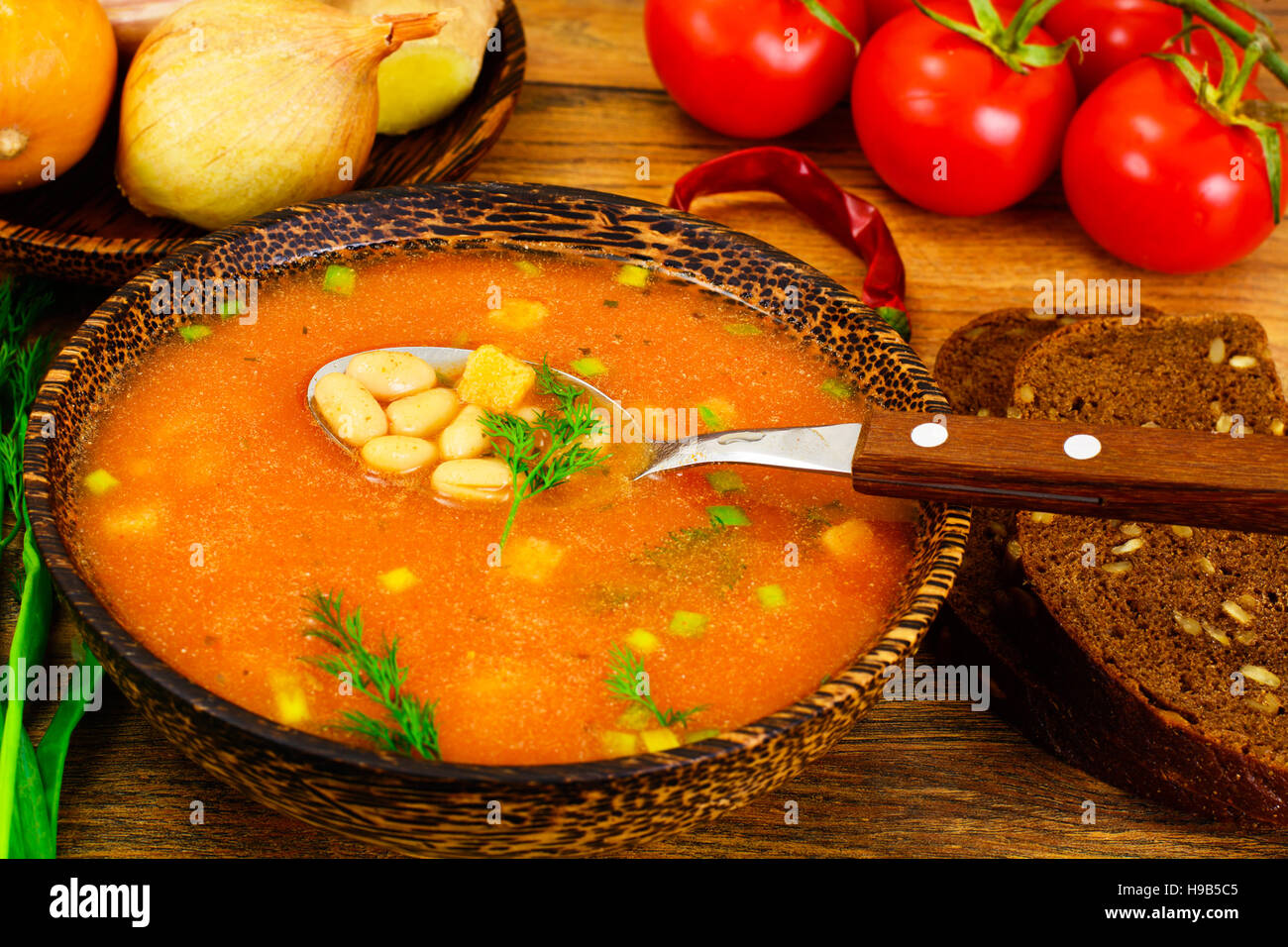 Sicilian Tomato Soup with White Beans. National Italian Cuisine. Studio