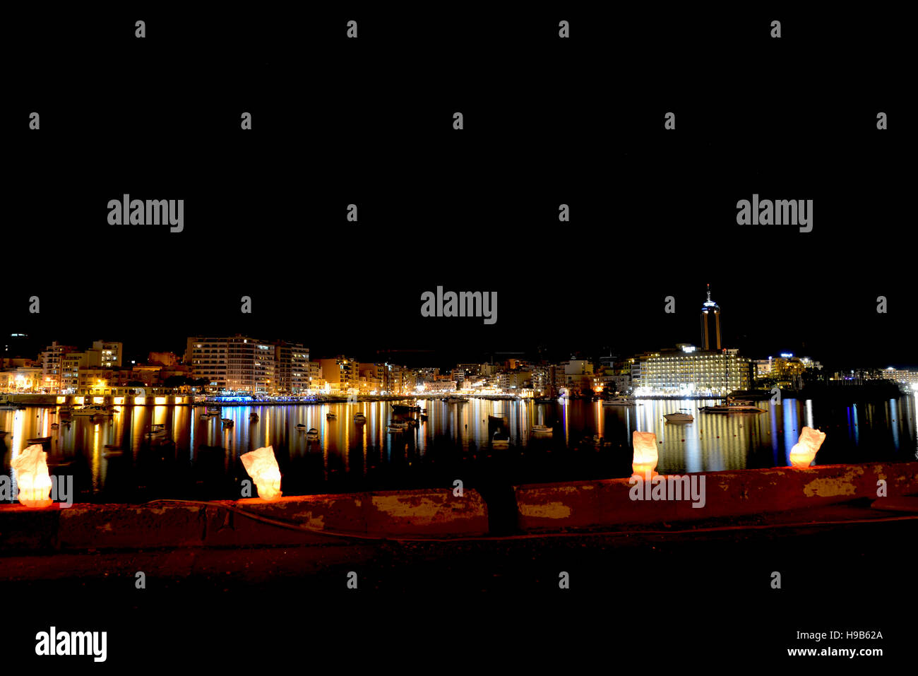 Nighttime shot of Spinola and St Julians, Malta Stock Photo